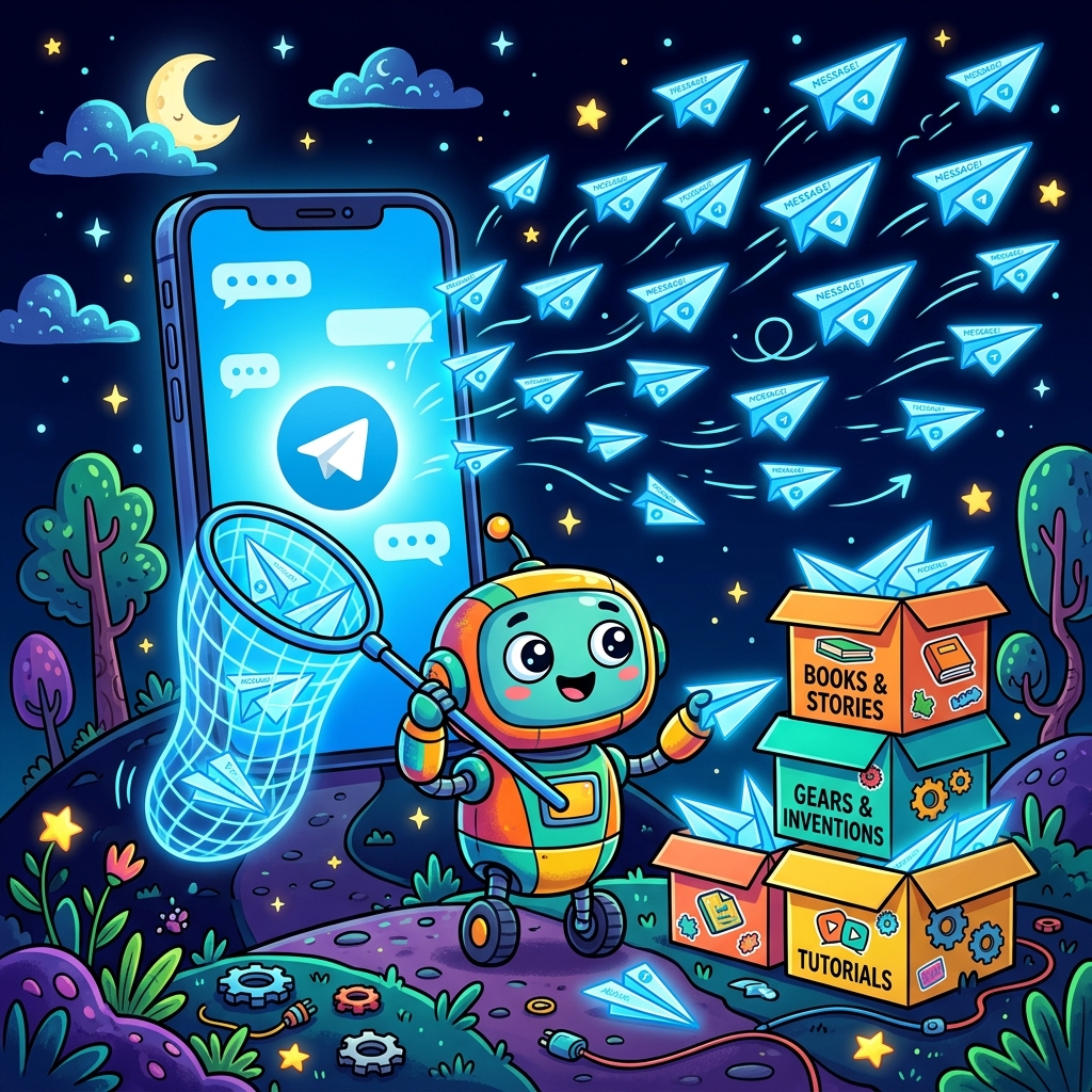 Robo-Detektiv fängt fliegende Chat-Nachrichten ein und sortiert sie in bunte Boxen.