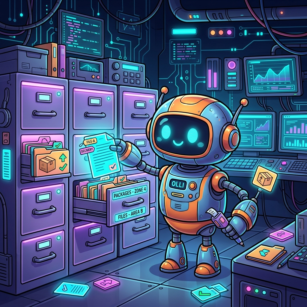 Robo-Detektiv sortiert die fertigen Spielzeugkisten ins Regal ein.
