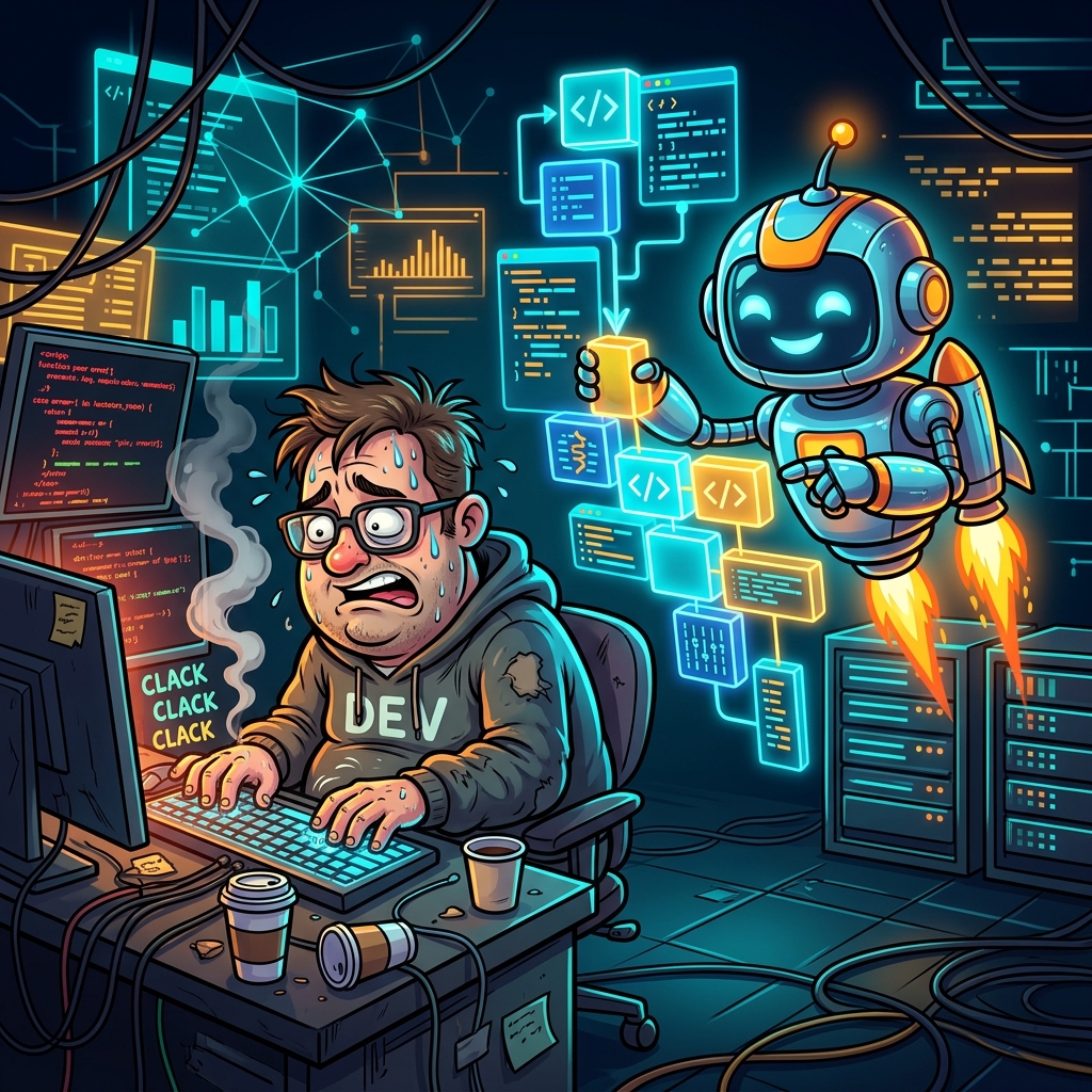 KI vs. Manuelles Coding Karikatur