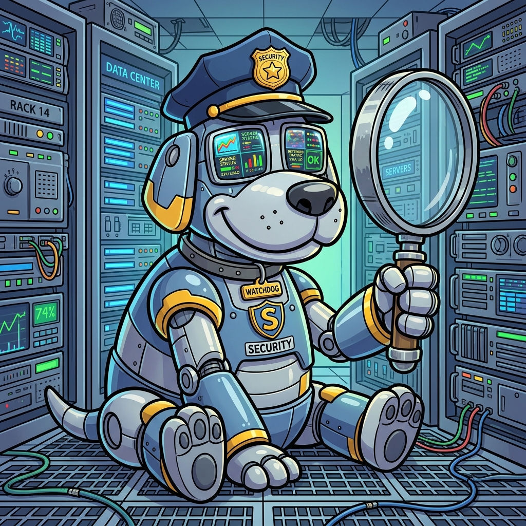 Der massive Roboter-Wachhund überwacht die Serverlandschaft rund um die Uhr.