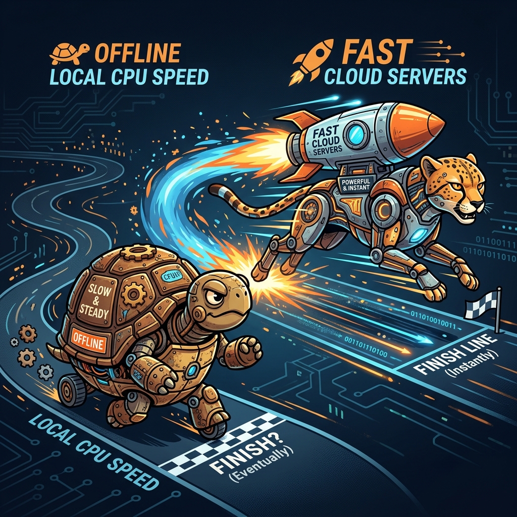 Die zielstrebige Roboter-Schildkröte im Wettrennen gegen einen Raketen-Gepard (lokale CPU vs. fette Server-Cloud).